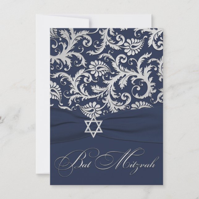 PRINTED RIBBON Navy, Silver Damask Bat Mitzvah Invitation (Front)