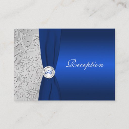 Customizable PRINTED RIBBON Navy Silver Damask Enclosure Card Business Card