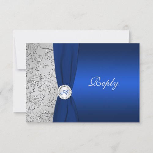 PRINTED RIBBON Navy Silver Damask RSVP Card Custom Invitation