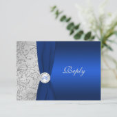 PRINTED RIBBON Navy Silver Damask RSVP Card (Standing Front)