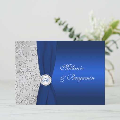 PRINTED RIBBON Navy Silver Damask Wedding Invite | Zazzle