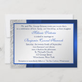 PRINTED RIBBON Navy Silver Damask Wedding Invite (Back)