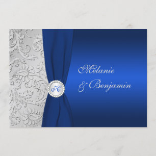 PRINTED RIBBON Navy Silver Damask Wedding Invite