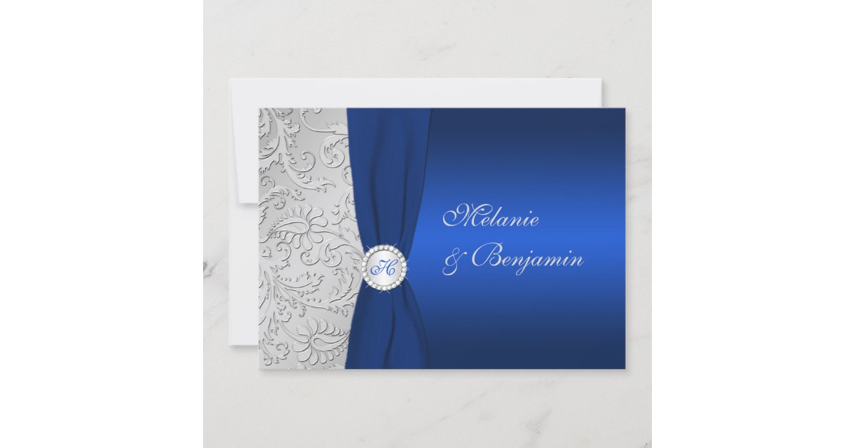 PRINTED RIBBON Navy Silver Damask Wedding Invite | Zazzle