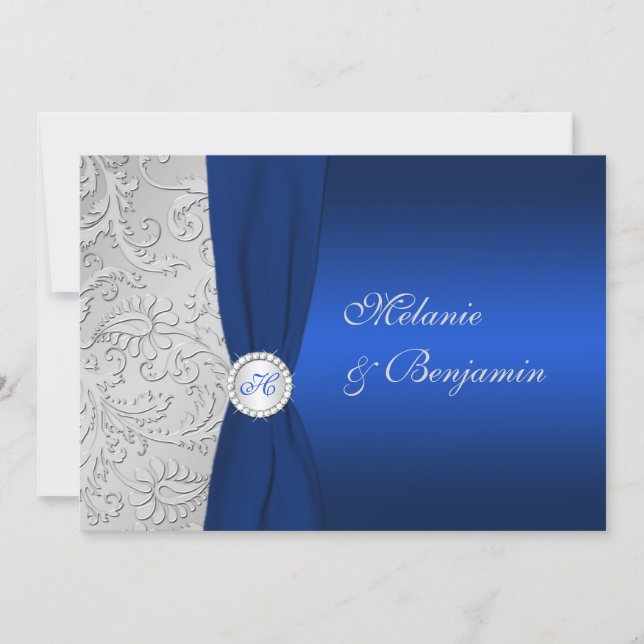PRINTED RIBBON Navy Silver Damask Wedding Invite (Front)