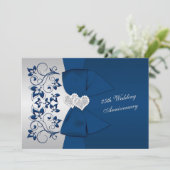 PRINTED RIBBON Navy Silver Floral 25th Anniversary Invitation (Standing Front)