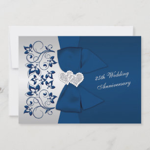 PRINTED RIBBON Navy Silver Floral 25th Anniversary Invitation
