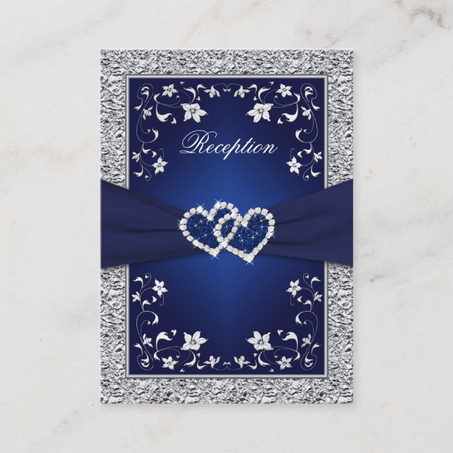 PRINTED RIBBON Navy, Silver Floral Enclosure Card (Front)