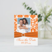 PRINTED RIBBON Orange Damask Photo Save the Date (Standing Front)
