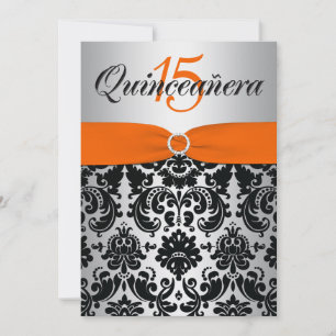 PRINTED RIBBON Orange Silver Black Quinceanera Invitation