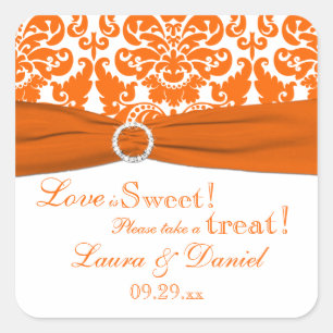 PRINTED RIBBON Orange, White Damask Candy Buffet Square Sticker