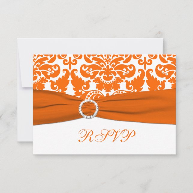 PRINTED RIBBON Orange, White Damask RSVP Card (Front)