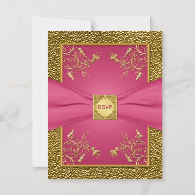 PRINTED RIBBON Pink and Gold Floral RSVP Card (Front)