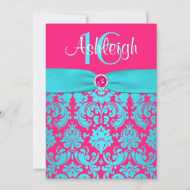 PRINTED RIBBON Pink, Aqua 16th Birthday Invite (Front)