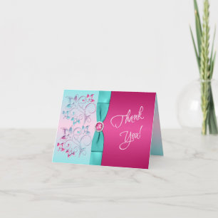 PRINTED RIBBON Pink, Aqua Floral Thank You Card