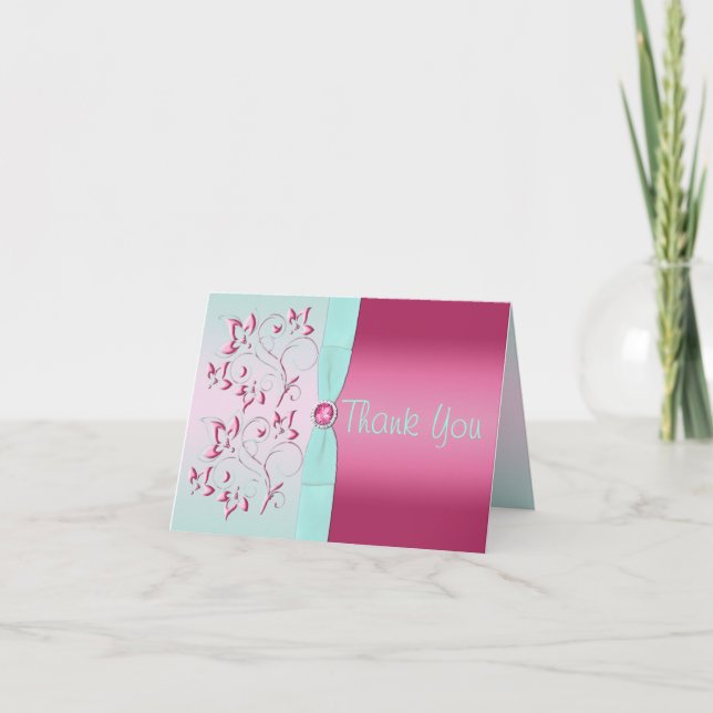PRINTED RIBBON Pink, Aqua Floral Thank You Card 2 (Front)