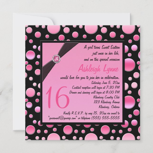 PRINTED RIBBON Pink, Black Dots Sweet 16 Invite (Front)