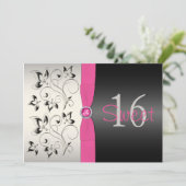 PRINTED RIBBON Pink, Black Floral Sweet 16 Invite (Standing Front)