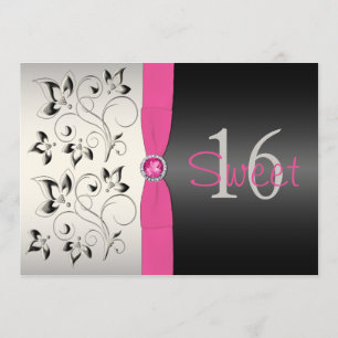 PRINTED RIBBON Pink, Black Floral Sweet 16 Invite