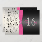 PRINTED RIBBON Pink, Black Floral Sweet 16 Invite (Front/Back)