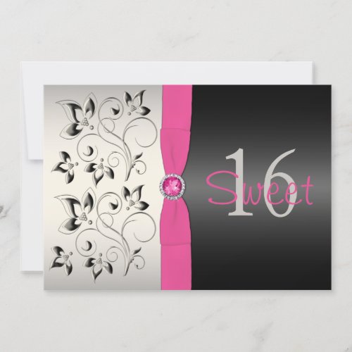 PRINTED RIBBON Pink Black Floral Sweet 16 Invite