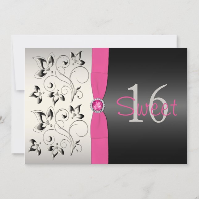 PRINTED RIBBON Pink, Black Floral Sweet 16 Invite (Front)