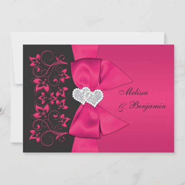 PRINTED RIBBON Pink, Black Floral Wedding Invite (Front)