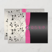 PRINTED RIBBON Pink Black Silver Floral Reply Card (Front/Back)