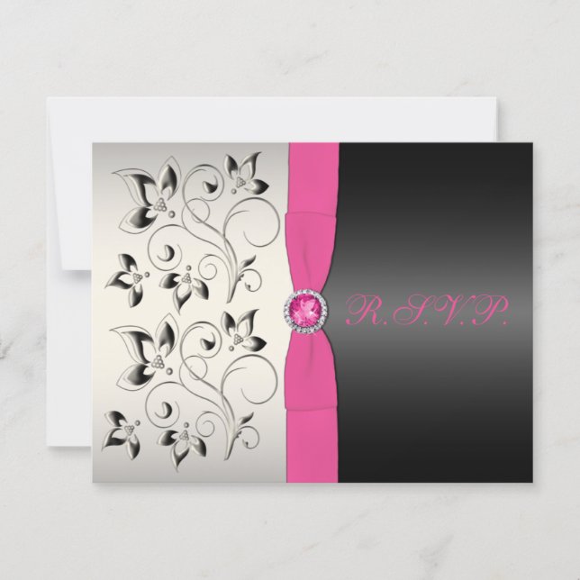 PRINTED RIBBON Pink Black Silver Floral RSVP Card (Front)