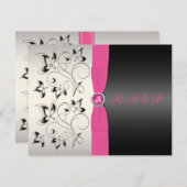 PRINTED RIBBON Pink Black Silver Floral RSVP Card (Front/Back)