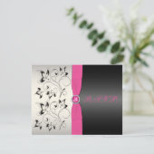 PRINTED RIBBON Pink Black Silver Floral RSVP Card (Standing Front)