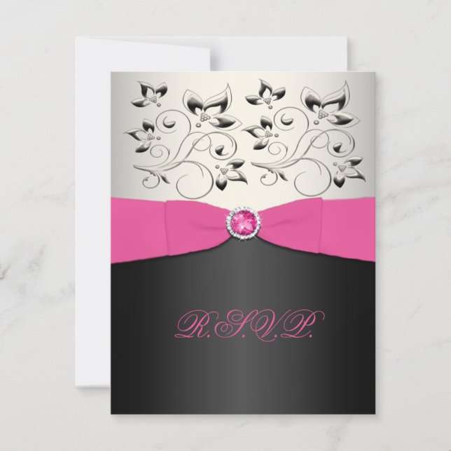 PRINTED RIBBON Pink, Black, Silver RSVP Card (Front)