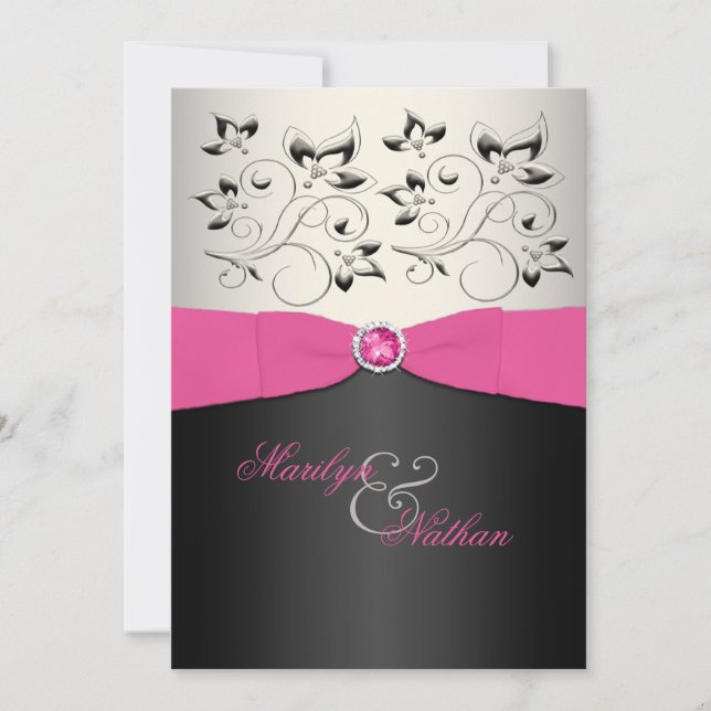 PRINTED RIBBON Pink, Black, Silver Wedding Invite (Front)