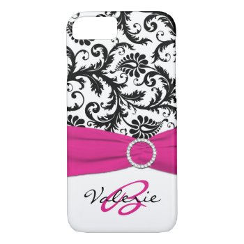 Printed Ribbon Pink  Black  White Floral Damask Iphone 8/7 Case by NiteOwlStudio at Zazzle