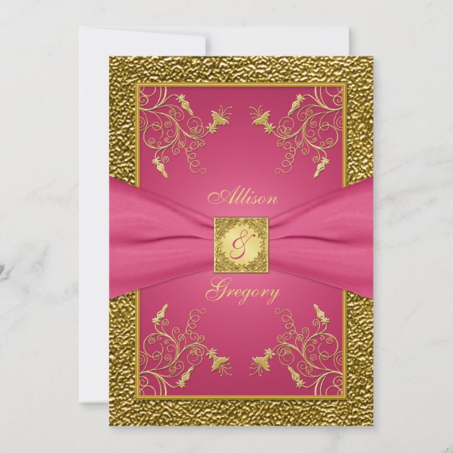 PRINTED RIBBON Pink Gold Floral Wedding Invitation (Front)