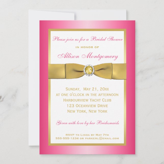 PRINTED RIBBON Pink, Gold, White Bridal Shower Invitation (Front)