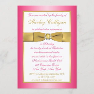 PRINTED RIBBON Pink, Gold, White Retirement Invitation