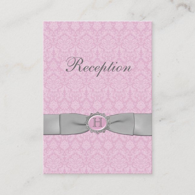 PRINTED RIBBON Pink Gray Damask Enclosure Card (Front)