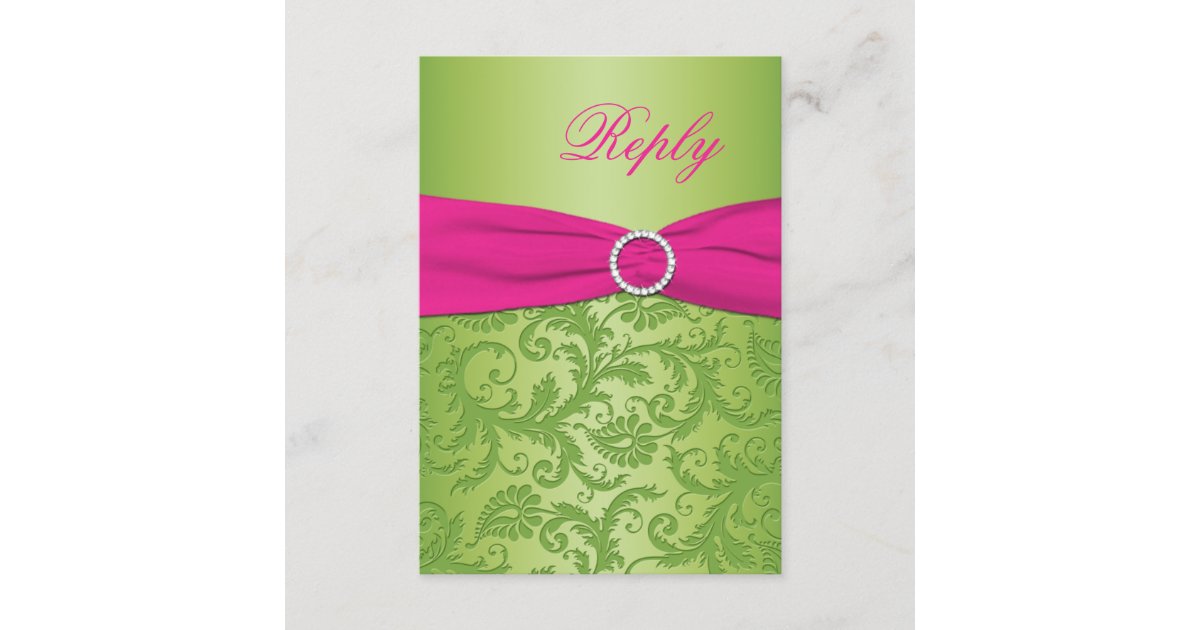 PRINTED RIBBON Pink, Green Damask Reply Card