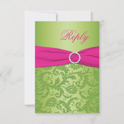 PRINTED RIBBON Pink, Green Damask Reply Card