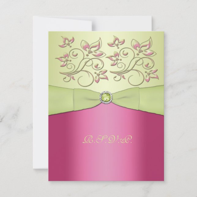 PRINTED RIBBON Pink, Green Floral RSVP Card (Front)