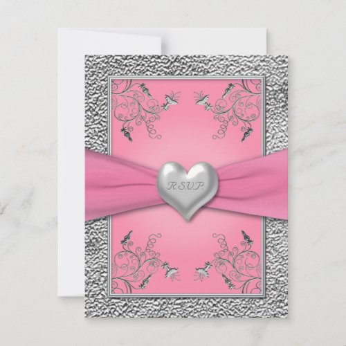 PRINTED RIBBON Pink, Pewter Heart RSVP Card