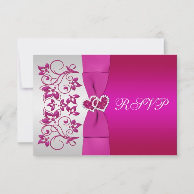 PRINTED RIBBON Pink, Silver Floral Reply Card (Front)