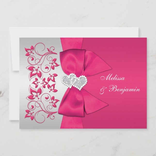 PRINTED RIBBON Pink, Silver Floral Wedding Invite (Front)