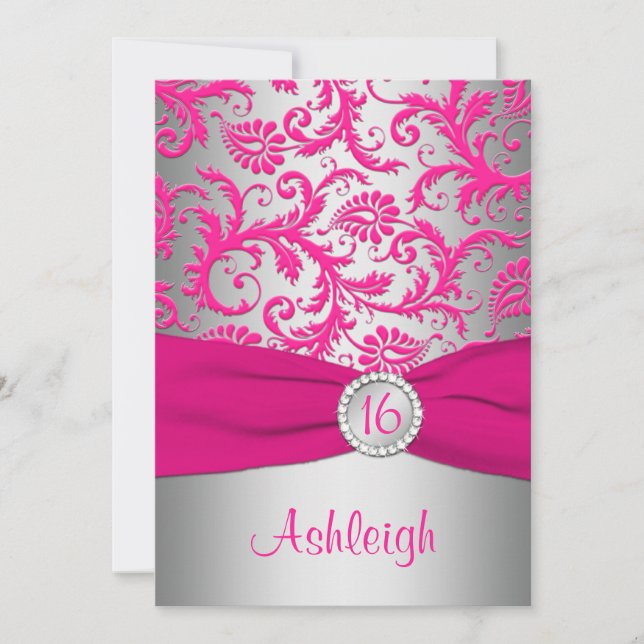 PRINTED RIBBON Pink, Silver Gray Sweet 16 Invite (Front)