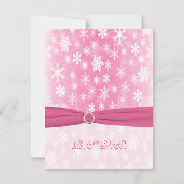PRINTED RIBBON Pink, White Snowflakes Reply Card (Front)