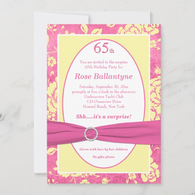 PRINTED RIBBON Pink Yellow 65th Birthday Invite (Front)