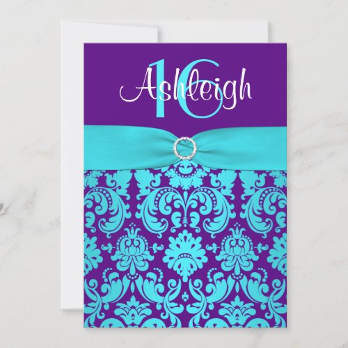 PRINTED RIBBON Purple, Aqua 16th Birthday Invite 2