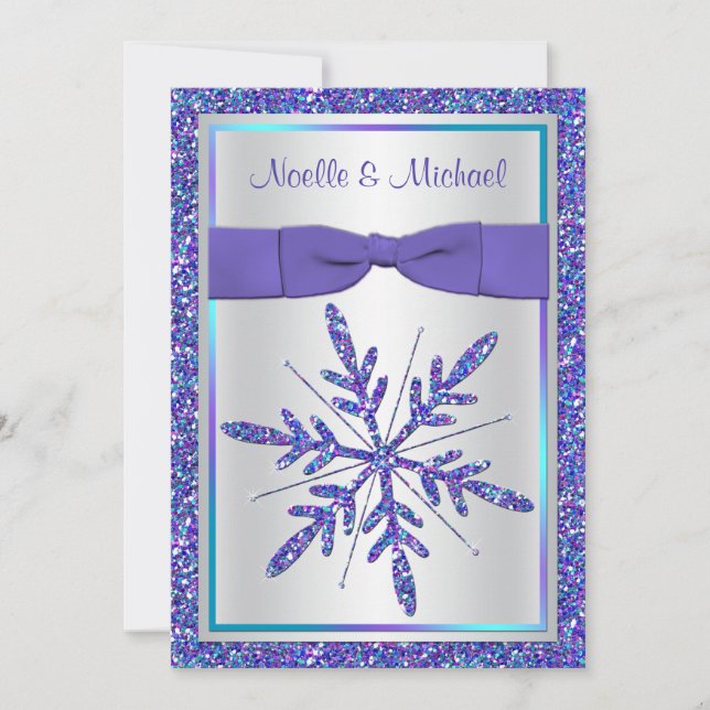 PRINTED Ribbon Purple Aqua Silver Wedding Invite (Front)