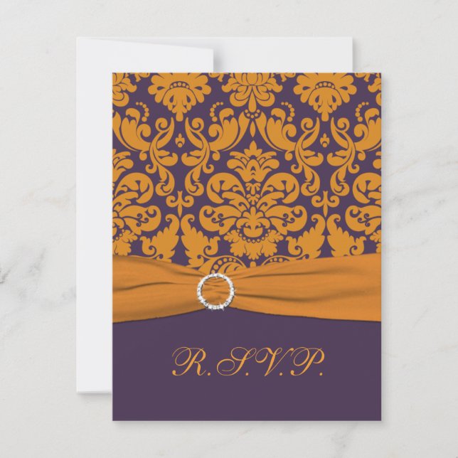 PRINTED RIBBON Purple, Orange Damask RSVP Card (Front)